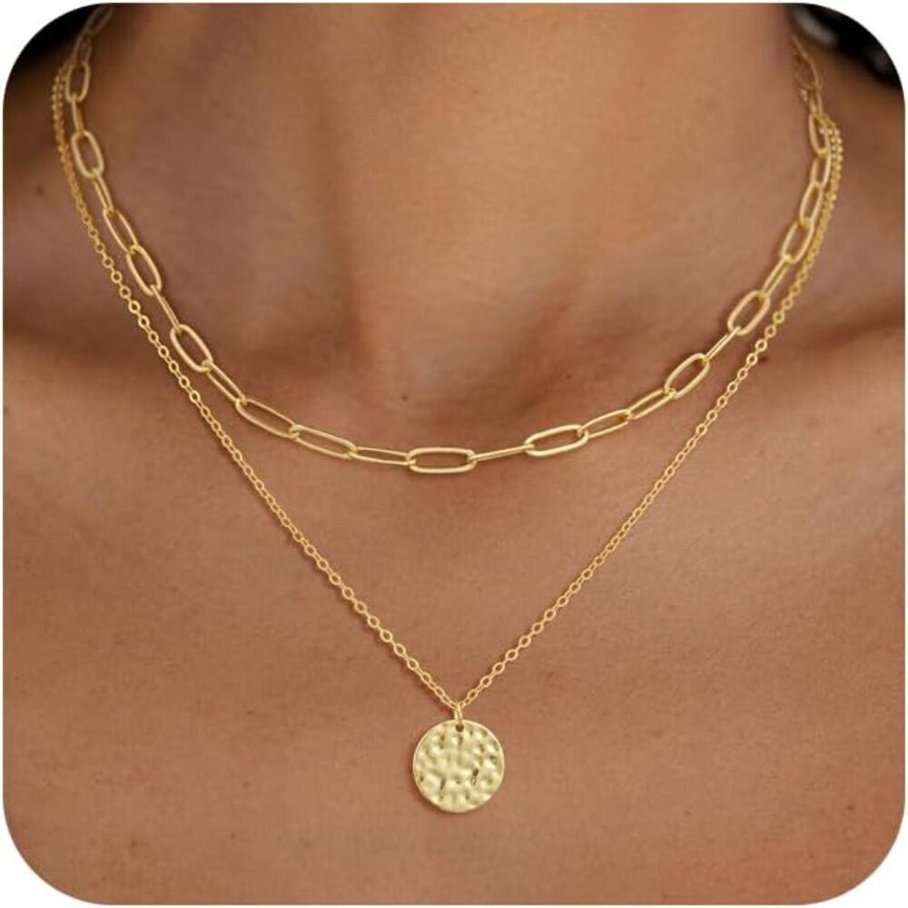 Layered Gold Necklaces for Women 14K Gold Plated Stackable Coin Pendant Jewelry
